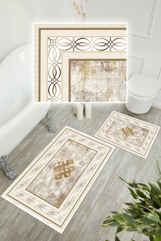 Dijital Baskı Klasik Kaymaz Taban 2li Set Banyo Paspası Klozet Takımı 50x60cm-60x100cm Krem