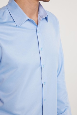Tudors Slim Fit Uzun Kollu Kolay Ütü Teri Emen Nefes Alan Doku Kravatlık Dört Mevsim Mavi Erkek Gömlek-24892 Mavi