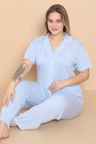 Wordex Mirano 4400 Polyviscon Kumaş Kısa Kollu Düğmeli Büyük Beden Kadın Pijama Takımı Açık Mavi
