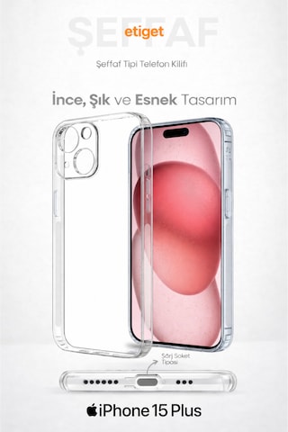 Apple Uyumlu iPhone 15 Plus Şeffaf Silikon Kılıf Şarj Yeri Tıpalı, Kaymaz Kenarlı Şeffaf