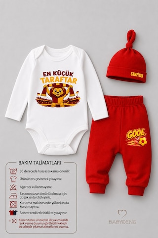 Babyden's %100 Pamuk Sarı Kırmızı En Küçük Taraftar 3'lü Yenidoğan Bebek Takımı Uzun Kollu Body Pantolon Şapka Seti