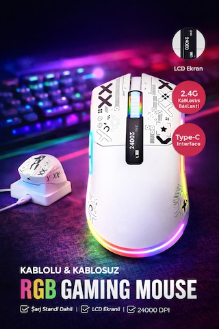 24000 Dpı Rgb Gaming Mouse Kablosuz + Bluetooth + Kablolu Lcd Ekranlı Şarj Standlı Profesyonel Oyuncu Mouse X-ks2n