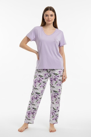 Kompedan Kadın Ring Viskon V Yaka Altı Desenli Kısa Kol Pijama Takım Lila 40113-4118