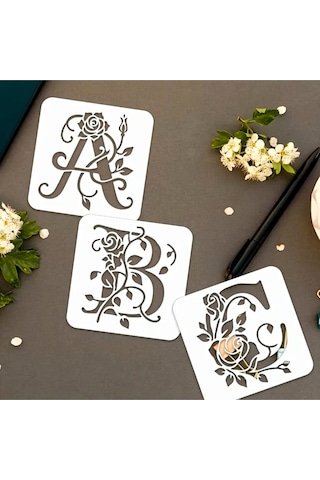 Kaligrafi Harf Şablonları 26 Parça 10x10cm-çiçek Harf Şablonu, Boyama Sticker