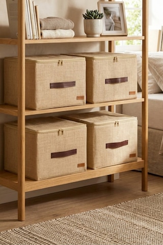 4'lü Orta Boy Koltuk Baza Yatak Altı Uyumlu Gerçek Jüt Kumaşlı Kulplu Extra Destekli Hurç Organizer Set Kahverengi