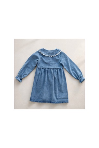 Uğur Bebe Kız Çocuk Dantel Yaka Denim Kot Elbise Uzun Kollu Günlük Şık Premium Çocuk Elbisesi Mavi Mavi