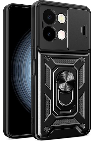 Vivo Y28 Kılıf Magnetik Standlı Kamera Korumalı Zore Sürgülü Vega Kapak Siyah