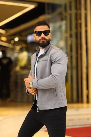 Premium Örme Triko Kol Dik Yaka Süet Ceket Gri