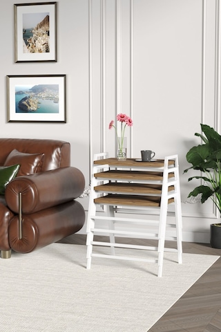 Zigon Sehpa , Aden 4'lü Tepsi Zigon Sehpa Takımı Beyaz Metal - Atlantik Çam Tabla Beyaz-atlantik Çam