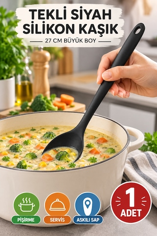 Tekli Siyah Büyük Boy Silikon Kaşık 27 Cm Mutfak Yemek Pişirme Ve Servis Kaşığı Renkli Mutfak Gereci