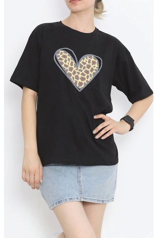 Butik İstanbul 14 Şubat Sevgililer Günü Leopar Kalp Baskılı Oversize Bisiklet Yaka T-shirt - Siyah