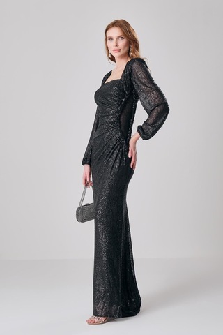 Explosion Pullu Maxi Abiye Elbise - Kare Yaka - Uzun Kol - Özel Günler Siyah