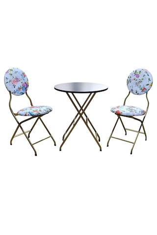 Katlanabilir Beyaz Gül Ve Kuş Gold Metal Masa Ve Sandalye Takımı