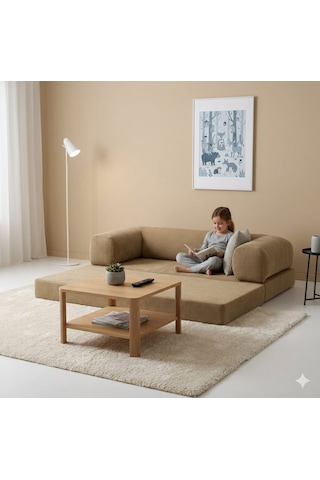 Herev 160x80 Sünger Koltuk İki Kişilik Kanepe Yataklı Yıkanabilir Kadife Kumaşlı Haki