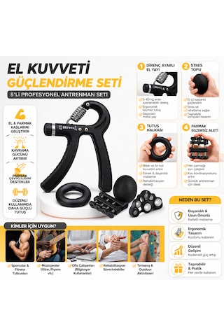 Teknoeser 5 Li El Kuvveti Güçlendirme Seti Ayarlanabilir Hand Parmak Egzersiz Aleti Stres Topu Tutma Halkası Siyah