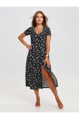 Toontex Düğmeli, Çiçek Desenli Yazlık Midi Elbis 444451011