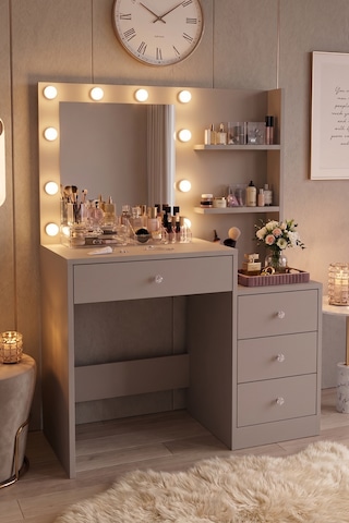 Robin Home Hollywood Makyaj Masası 4 Çekmeceli Düzenleyici Hollywood Led Işıklı Raflı Kumsal Bej