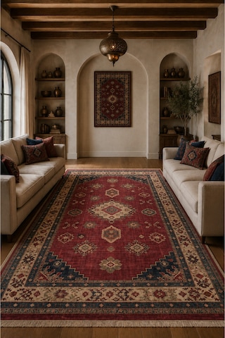 Salon Halısı Bordo Lacivert Etnik Desenli Kaymaz Taban Th-3028 Bordo - Lacivert