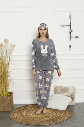 Kadın Uzun Kollu Alt Polar Üst Kışlık Pijama Takımı 02164 Füme