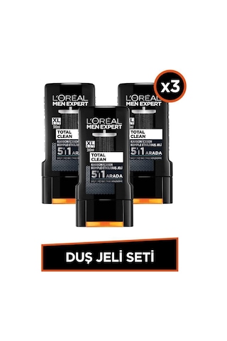 L'Oreal Paris Men Expert Total Clean 5'i 1 Arada Kömürlü Duş Jeli 3 x 300 ML