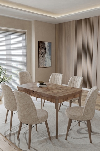 Toce Home Kuf Serisi 80x130 Açılabilir Masa Yemek Odası Takımı, Mutfak Takımı 6 Adet Sandalye Bej