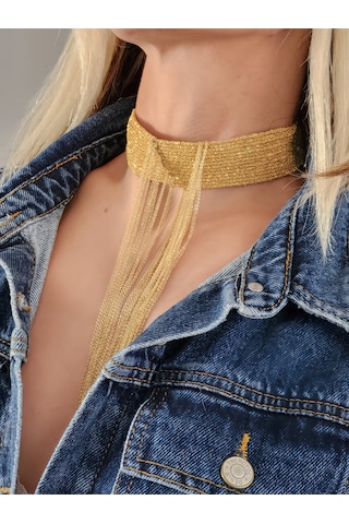15 Sıralı Zincir V Model Dokuma Sallantılı Vücut Tasma Choker El Yapımı Altın Renk Kolye Gold
