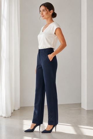 Bihan Store Yüksek Bel Paçası Taş İşlemeli Kadın Kumaş Pantolon Y26-25935-lacivert