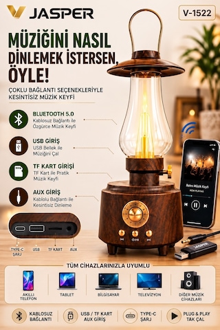 Jasper Jpr-1522 Retro Bluetooth Hoparlör Nostaljik Gaz Lambası Tasarımlı Led Alev Işığı 57mm 5w