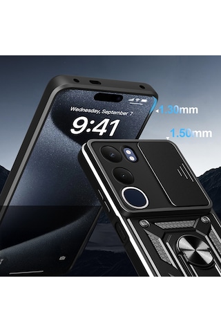 Vivo Y19s Kılıf Magnetik Standlı Kamera Korumalı Zore Sürgülü Vega Kapak Mavi