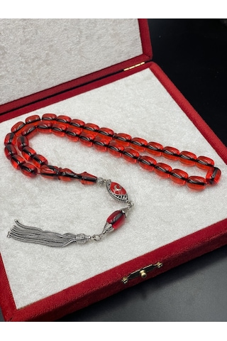 925 Ayar Gümüş Püsküllü Ateş Kehribar Tespih 11x8 Mm