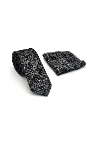 Gaffy Beyaz Kırcıl Desenli Siyah Dokuma Kumaş Mendilli Slim Fit Kravat // Sdk-2610-1 Siyah