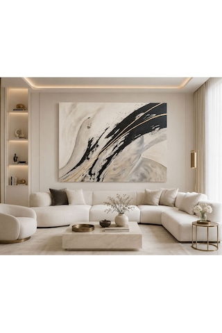 Modern Soyut Siyah Altın Kanvas Tablo Bej Mermer Dokulu Lüks Duvar Dekoru Gold Çizgili Minimalist Salon, Ofis, Yatak Odası Ve Antre Tablosu Premium Çağdaş Sanat Eseri
