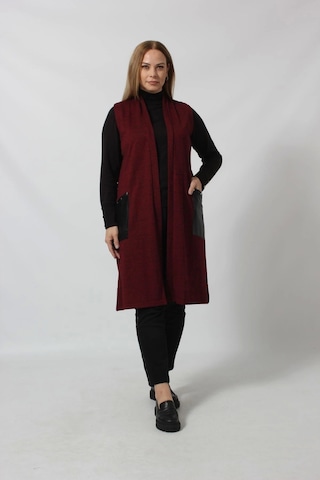 Moda Berray Deri Cep Detaylı Uzun Triko Yelek Bordo