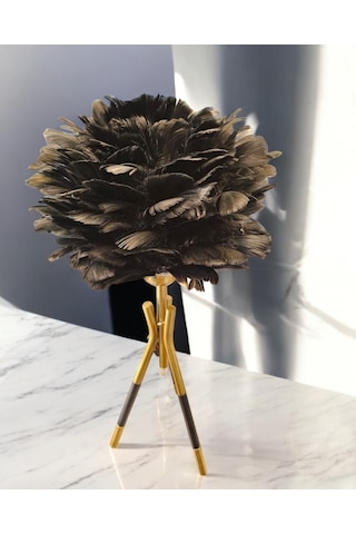 Tüylü Dekoratif Tripotlu 3'lü Ayaklı Abajur - Siyah Siyah