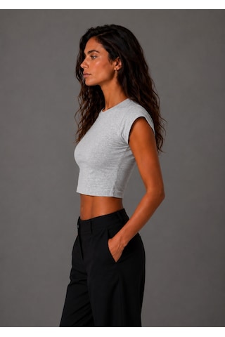 Parshey Kadın Crop Body Kısa Kollu Slim Fit Basic Crop Top Bisiklet Yaka Bluz Gri