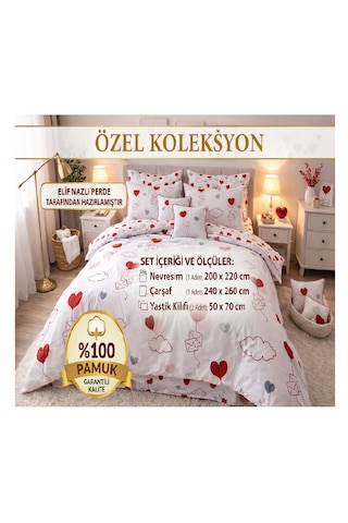 Çift Kişilik Nevresim Takımı- %100 Pamuk-kalp Desenli Beyaz - Kırmızı