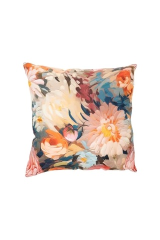 İçi Dolu Krep Örgü Üzerine Dijital Baskılı Kırlent 45x43 Cm Pembe Ağırlıklı Çiçekli Dekoratif Yastık Çok Renkli