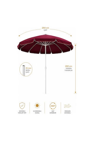 Bordo 200 Cm Çap/10 Telli Plaj Şemsiyesi + Şemsiye Kılıfı, Bidonsuz