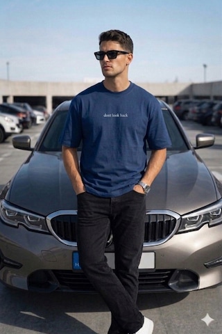 Tarz Cool Erkek Oversize Tişört Minimal Don T Look Back Detaylı Basic Lacivert