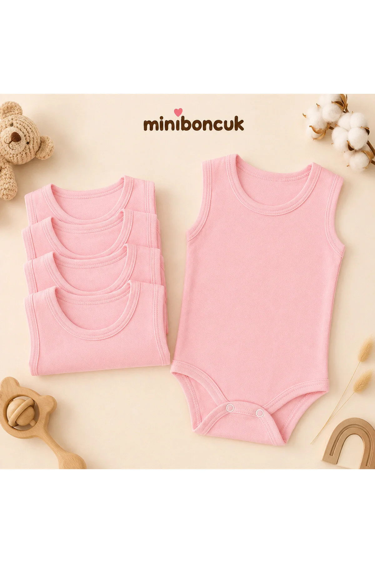 Mini Boncuk %100 Pamuk 5 Li Pembe Askılı Bebek Body Atlet Seti