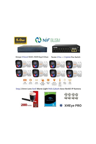 Xmeye 5mp 2.8mm Sabit Lens Polis Çakarlı Sesli Ve Gece Renkli 8 Kameralı Ip Kamera Seti 2tb Disk