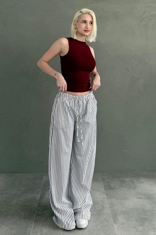Madmext Beyaz Beli Ayarlanabilir Çizgili Cepli Bol Paça Kadın Pantolon Mg2312 Beyaz