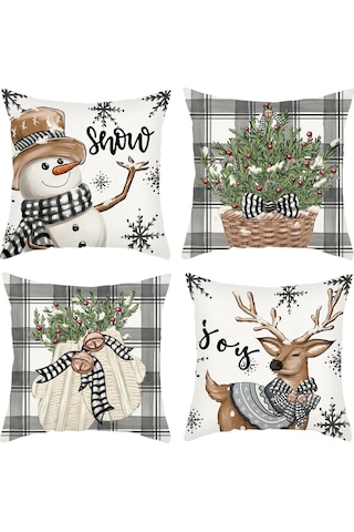 Geeroyoo 4 Adet Kış Dekoratif Yastık Kılıfı - 45x45 Cm, Geyik Ve Kar Adamı Desenli Noel Paspas Örtüleri Bej