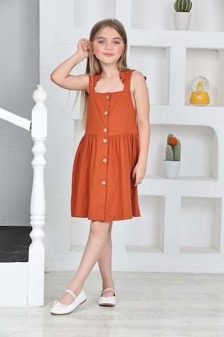 Kız Çocuk %100 Pamuk Keten Elbise 12197 Kiremit