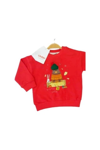 Çikoby Bebek Örgü Şapkalı Ayı Baskılı Sweatshirt-13519 Kırmızı