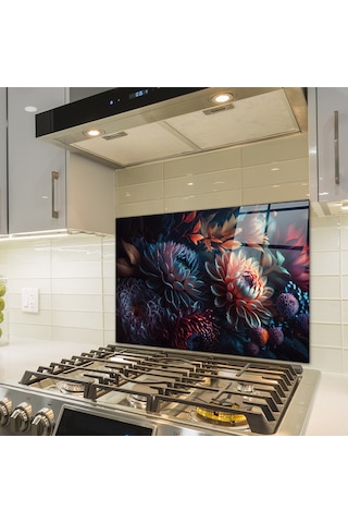 Cam Ocak Arkası Koruyucu Dark Flowers 49,5cm X 76cm