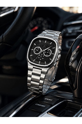 Erkek Gümüş Renk Metal Kordon Analog Kol Saati Siyah Kadran Takvim Göstergeli - Gümüş Çok Renkli