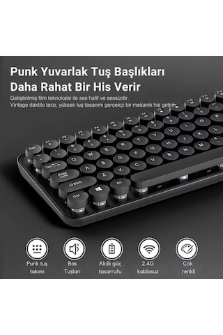 Coofbe 105 Retro Tuşlu 2.4gh Kablosuz Bluetooth Klavye Mouse Seti Retro Kablosuz Klavye Mouse Set
