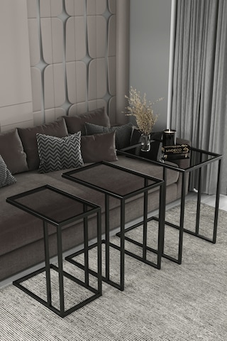 3'lü Siyah Koltuk Sehpası&yan Sehpa Şeffaf Füme Cam