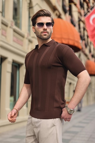 Madmext Kahverengi Polo Yaka Triko Erkek Tişört E7469 Kahverengi